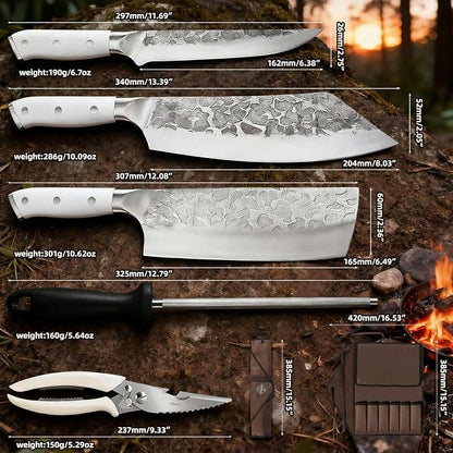 KOFERY Hand Forged Damascus Steel Butcher Knife Set with Knife Roll for Meat Cutting, Grilling & Smoking Meat, Essential BBQ Kit for Outdoor Camping, Pit Master Gifts for Men with White Handles