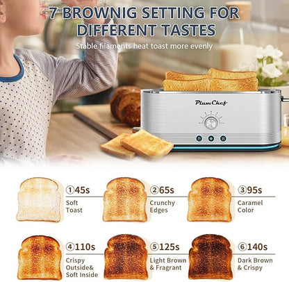Plum chef 4-Slice Toaster, Extra Wide Long SIot Toaster, 7 Browning Settings,Defrost/Reheat Functions, Removable CrumbTray, Stainless Steel Housing,Anti-Fingerprint & Anti-Jam (Stainless Steel)