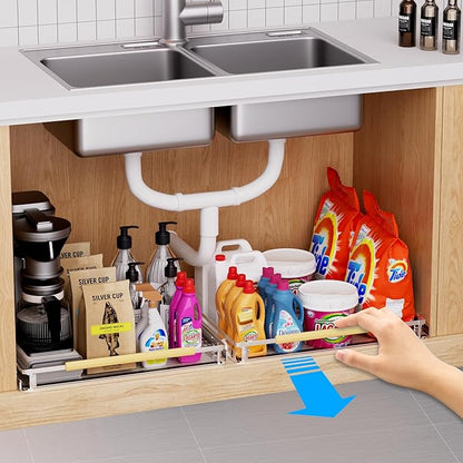 Expandable Pull Out Drawer Cabinet Organizer, Adjustable Width Bottom-Mounted Slide Out Storage Shelves for Cabinets, Required Cabinet Size (14.16"~24.36", D≥17.3"), 2 Pack