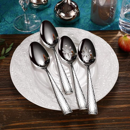 KEAWELL Premium Louis Hammered Table Utensils, 18/10 Stainless Steel, Squared Edge, Mirror Finish, Dishwasher Safe (Serving Spoons, Set of 2)