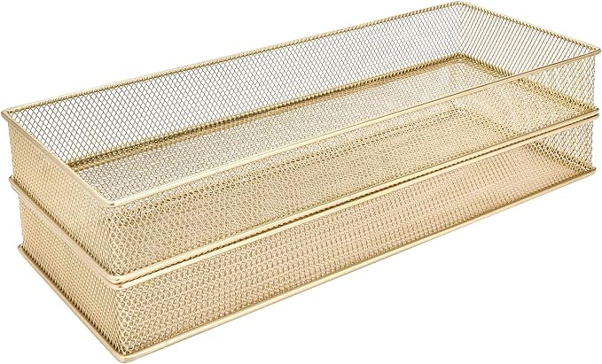 Annova Mesh Stackable Drawer Cabinet and Shelf Organizer Bins Storage Basket School Office Supply Holder Tray- Set of 2 (Gold, 6x15x2 Inch)