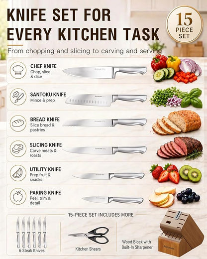 Astercook Knife Set, 15 Piece German Steel Kitchen Knife Set with Built-in Sharpener, One-Piece Knife Block Set Rust-Resistant Dishwasher Safe Block Knives Set for Cooking & Gift (Walnut Brown)