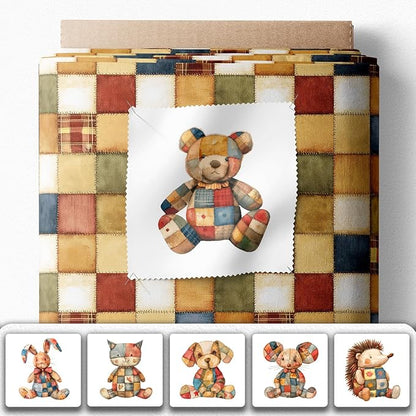 Patchwork Animals Cotton Fabric Panel – 6 Designs (10×10 inch Each) + Bonus Patchwork Sheet 29.5×19.6 inch, 100% Cotton 140 GSM