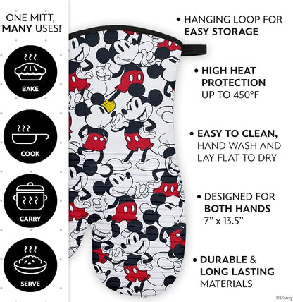 Disney Silicone Oven Mitts Heat Resistant – Set of 2 Long Cuff Cotton Kitchen Mitts with Silicone Grip Stripes, Cute Oven Mitts & Pot Holders for Cooking, Baking & Kitchen Essentials- Mickey