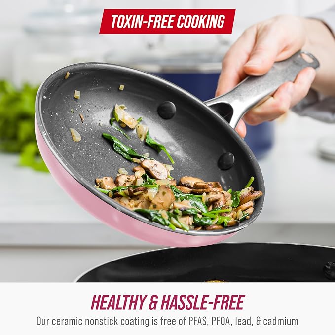 Blue Diamond 8" Nonstick Frying Pan Skillet, Ceramic Diamond Infused PFAS-Free, Dishwasher & Oven Safe, Stay Cool Handle, Durable Non Toxic Metal Utensil Safe, Egg & Omelet Pan, Pink