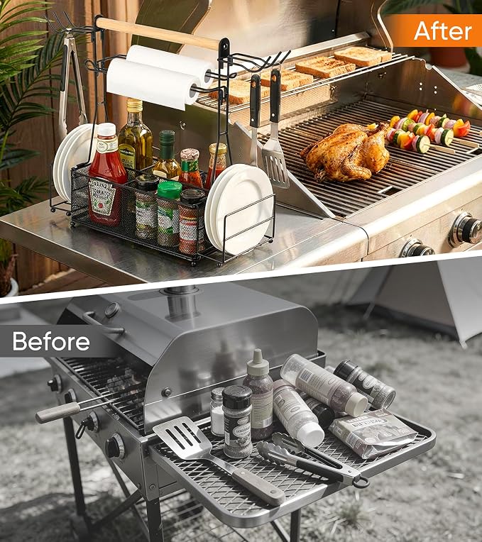 Grill Caddy Barbecue Tool Sets for Outdoor Grill, Picnic BBQ Caddy Picnic Utensil Condiment Organizer, BBQ Accessories Camping Gifts with Paper Towel Holders, Compartments & Hooks