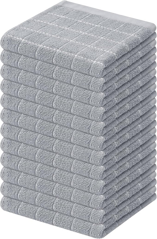 Mordimy 100% Cotton Terry Cloth Dish Cloths, Soft and Absorbent Checkered Dish Towels, Quick Drying Dish Rags for Washing Dishes, 12 Pack, 12 x 12 Inches, Light Grey