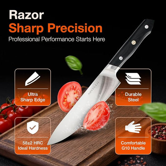 ARVELLO 8-inch Chef Knife- Full Tang- German High Carbon Stainless Steel- G10 Handle with Three Rivet, Multipurpose Kitchen Knife