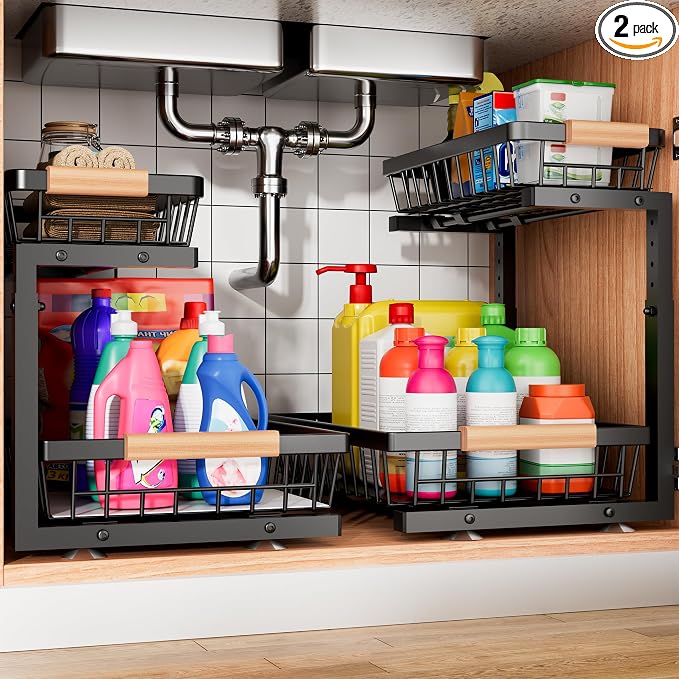 Under Sink Organizer, 2 Pack 2 Tier Under Sink Organizers and Storage, Slide Out Pull Out Cabinet Organizer Shelf, Height Adjustable Metal Drawer for Kitchen Bathroom Closet Organization Rack Black