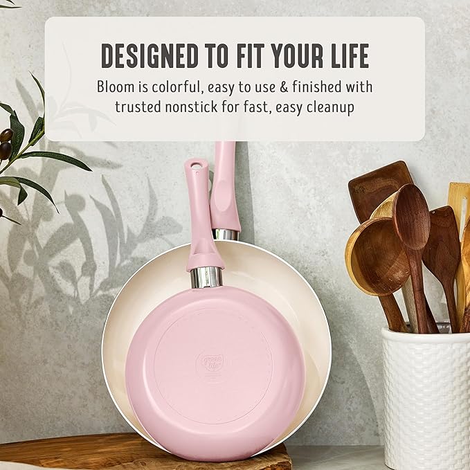 GreenLife 2-Piece Nonstick Frying Pan Set, 8” & 10” Skillets, Non-Toxic Ceramic Cookware, Dishwasher Safe, Stay-Cool Handles, Induction Ready, Fast Heating, Omelet Pan, PFAS Free, Blush Pink