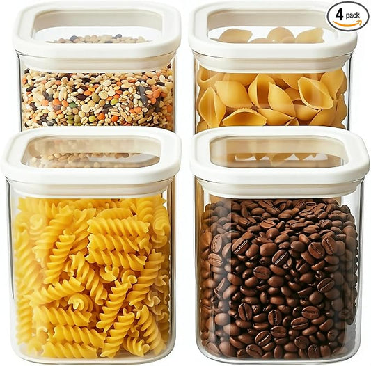 4pcs Square Glass Pantry Storage Containers Set with Glass Lids 1.22Qt - Airtight Stackable Kitchen Canisters Sets for Pasta, Cereal, Flour, Snacks | 40floz Glass Pantry Storage Jars