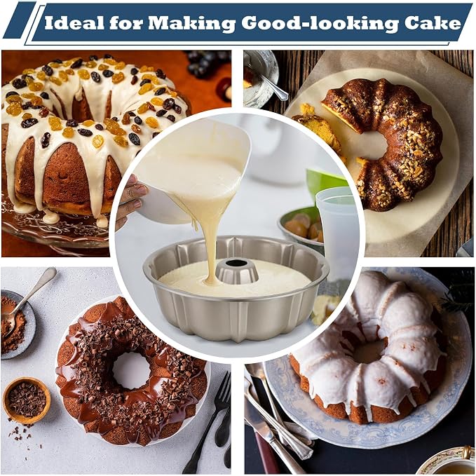 P&P CHEF 10 Inch Light Gold Non-stick Cake Pan, Carbon Steel Fluted Tube Round Baking Pan for Pound Cake, 10-Cup Large Capacity Bakeware, Healthy & Heavy Duty, 2 Pieces