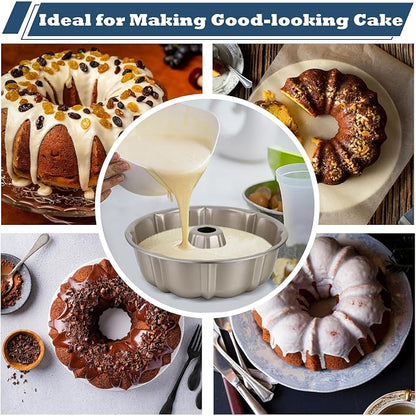 P&P CHEF 10 Inch Light Gold Non-stick Cake Pan, Carbon Steel Fluted Tube Round Baking Pan for Pound Cake, 10-Cup Large Capacity Bakeware, Healthy & Heavy Duty, 1 Piece