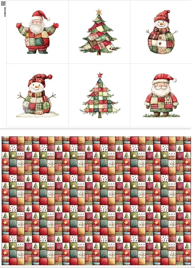 Christmas Patchwork Cotton Fabric Panel – 6 Designs (10×10 inch Each) + Bonus Patchwork Sheet 29.5×19.6 inch, 100% Cotton 140 GSM