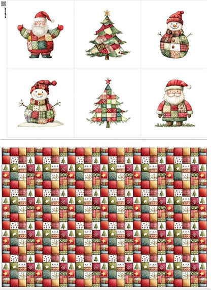 Christmas Patchwork Cotton Fabric Panel – 6 Designs (10×10 inch Each) + Bonus Patchwork Sheet 29.5×19.6 inch, 100% Cotton 140 GSM