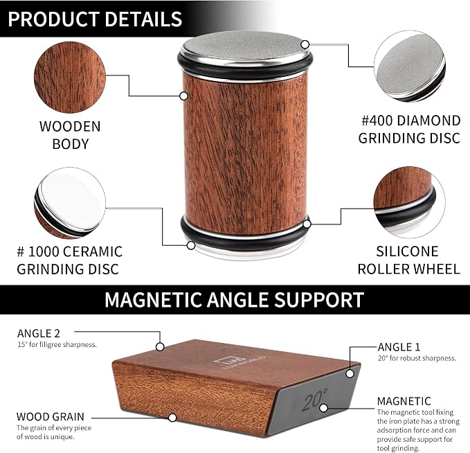 Rolling Knife Sharpener Kit | Diamond & Ceramic Disc Knife Sharpening System with Magnetic 15° & 20° Angle Guide | Manual Sharpener for Kitchen, Chef, Pocket & Japanese Knives | Gift Ready