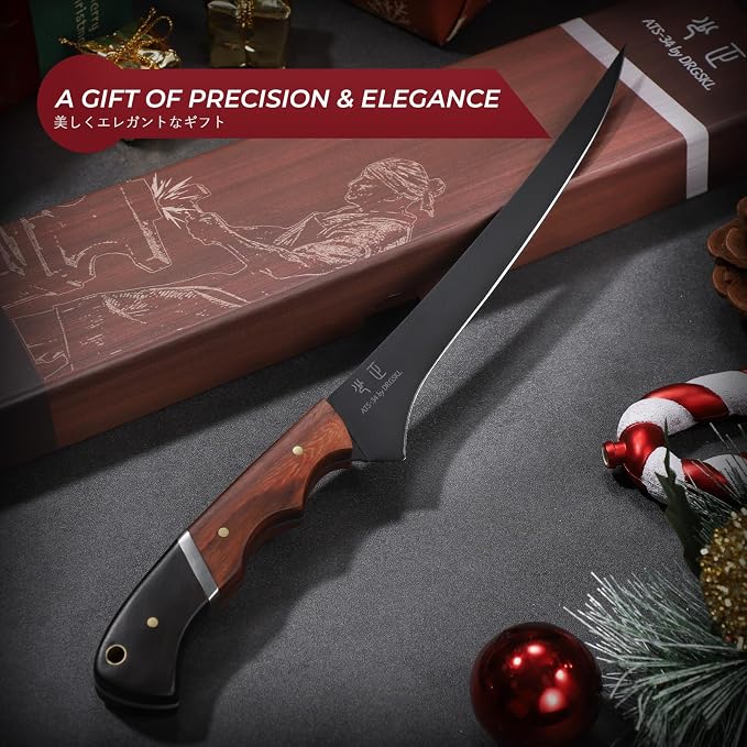 DRGSKL Fish Fillet Knife 7inch - Black Meat Slicing Knife in High Carbon Steel, Boning Knives for Meat Poultry Chicken Trimming, Fish Knives with Wooden Handle, Gift for Men