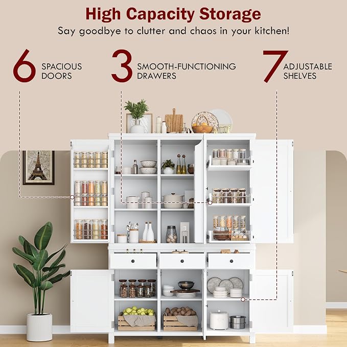 74.8''H High Freestanding Kitchen Pantry, Wooden Kitchen Organizers Cupboard Storage Cabinet with Door Shelves, Adjustable Shelves, Pull-out Trays and Drawers for Dining Room Living Room (White-2.12)