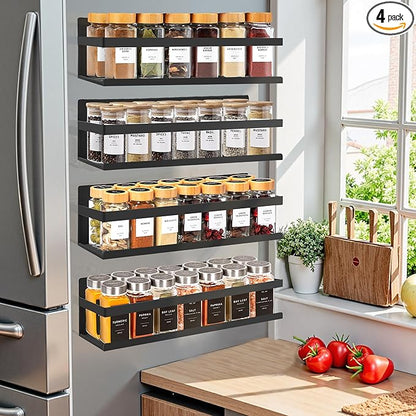 SMRCAD Metal Magnetic Spice Rack for Refrigerator, 4 pack Magnetic Shelf for Fridge Space Saving Seasoning Organizer for Any Metal Surface No Drilling Needed (BLACK -cut out, 4pack)