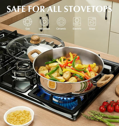 KOCH SYSTEME CS 12 Inch Stainless Steel Saute Pan with Lid, 5.5 Quart Deep Frying Pan with Double Handles, 18/10 Stainless Steel Pan with Cool-Touch Bakelite Handle, Deep Frying Pan, Induction Ready