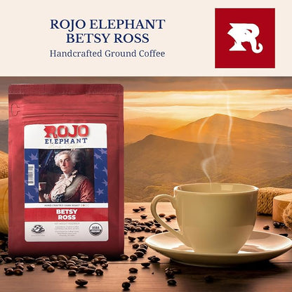 Rojo Elephant Caffeinated Ground Coffee, Single Origin Arabica Beans, Naturally Low Acid, Premium Ground Coffee (11 oz Bag) (Dark Roast - Betsy Ross)