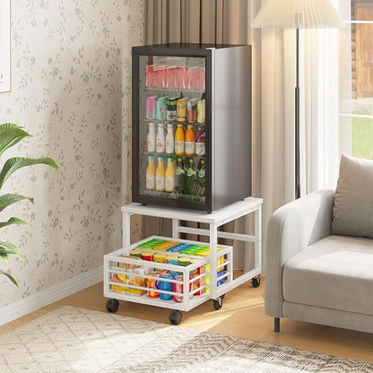 HOOBRO End Table, Mini Fridge Stand with Storage, Mini Fridge Table with Wheels and Adjustable Feet, Sturdy Metal Frame, for Living Room, Bedroom, Office, White WW155TL01