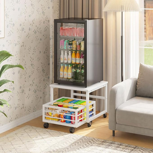 HOOBRO End Table, Mini Fridge Stand with Storage, Mini Fridge Table with Wheels and Adjustable Feet, Sturdy Metal Frame, for Living Room, Bedroom, Office, White WW155TL01