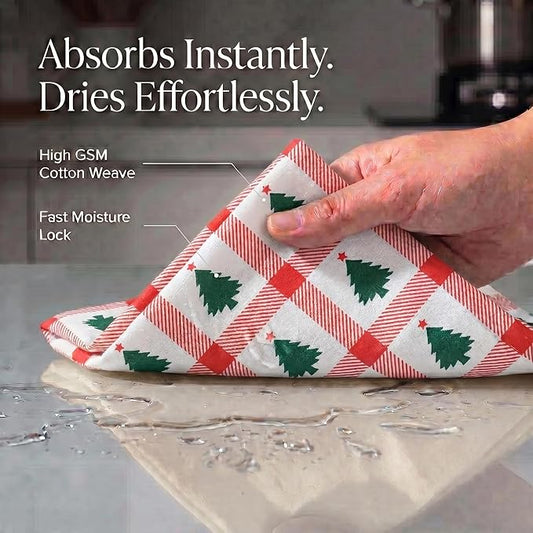 Urban Villa Christmas Kitchen Towels Christmas Tree Print Premium Quality 100% Cotton Dish Towels Mitered Corners Ultra Soft (Size: 20X30 Inches) Highly Absorbent Bar Towels & Tea Towels - (Set of 6)