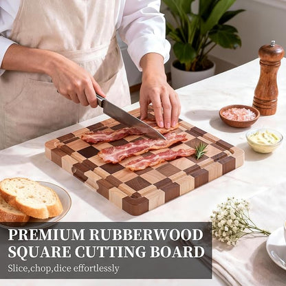 WILLKOMMEN Checkered Cutting Board for Kitchen– Wood Checkerboard End Grain Chopping Board 1" Thick Wooden Butcher Block with Juice Groove & Handle, Reversible for Cooking and Serving (Square)