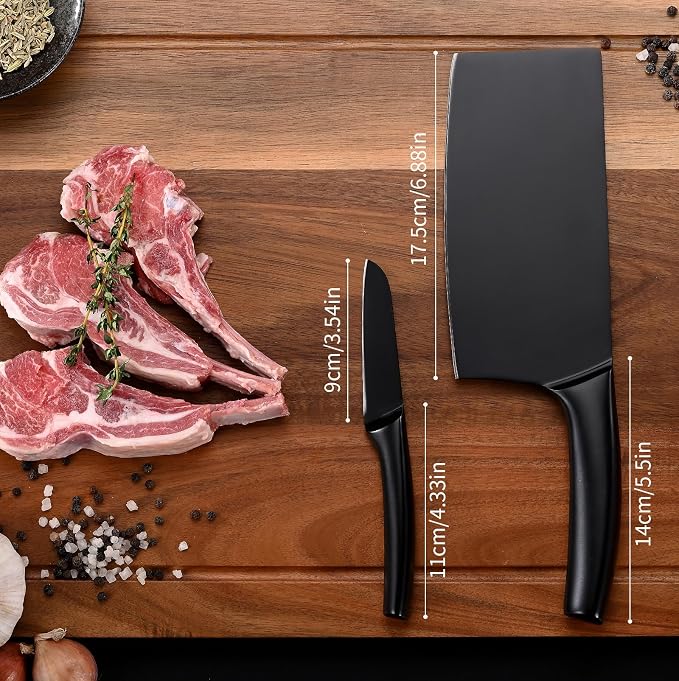 SHI BA ZI ZUO 2 Pieces Meat Cleaver and Fruit Knife, Kitchen knives Set,Black Ti Coating Cleaver knives Slicing Knife Paring knives with Hollow Handle