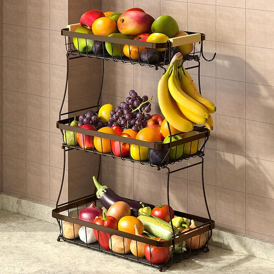 Sevenblue 2 Tier Large Fruit Basket for Kitchen Counter with 2 Mobile Banana Hangers, 2026 Pro Detachable Metal Fruit Bowl with Wooden Handle (Brown, 3 Tier)