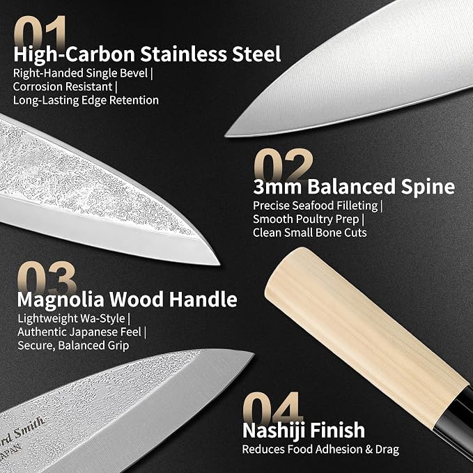 6 Inch Deba Knife, Made in Japan, Right-Handed Single Bevel Fish Butcher Knife, High Carbon Stainless Steel with Nashiji Finish, Magnolia Wood Handle for Fish Filleting