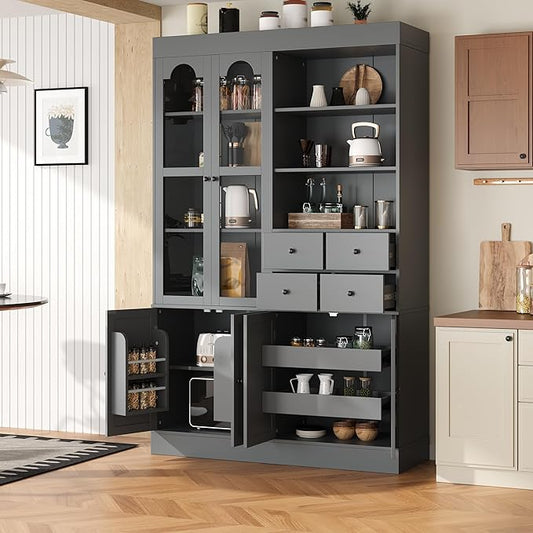VilroCaz 75'' Tall Freestanding Kitchen Pantry Cabinet, Wood Large Cupboard Storage Buffet with Hutch, 4 Drawers, Door Shelves and Pull-Out Trays for Dining Room, Living Room (Gray-10.13)