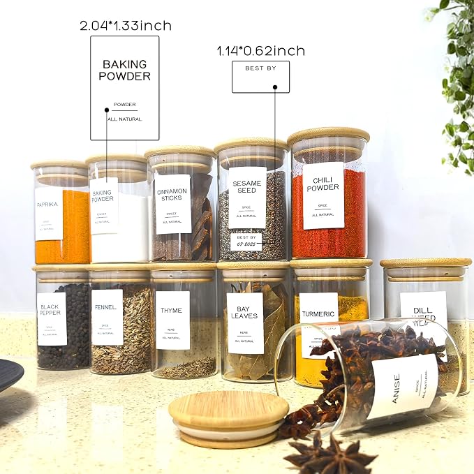 12 Pcs Glass Spice Jars with Bamboo Airtight Lids & 201 Labels - 8oz Small Empty Food Storage Containers for Kitchen, Seasonings, Herbs, Salt