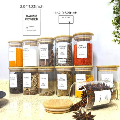 12 Pcs Glass Spice Jars with Bamboo Airtight Lids & 201 Labels - 8oz Small Empty Food Storage Containers for Kitchen, Seasonings, Herbs, Salt