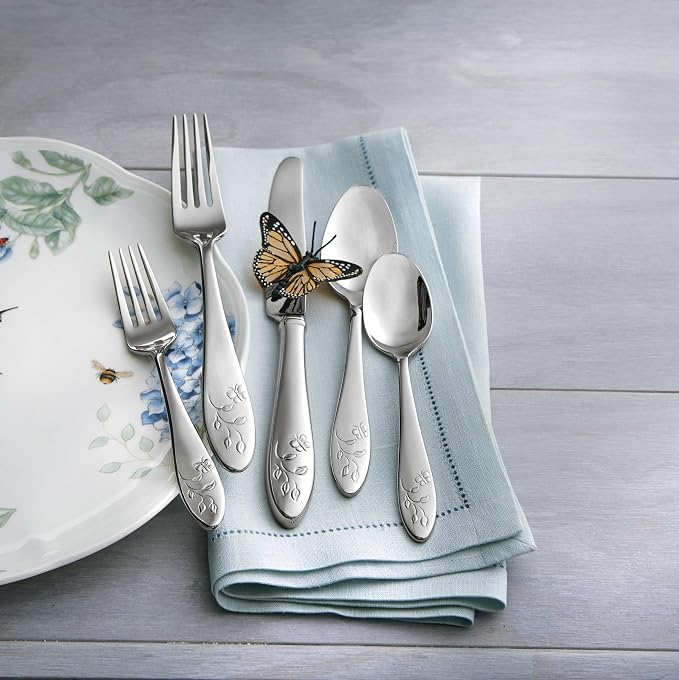Lenox Silverware Set For 12, Butterfly Meadow 65-Piece Flatware Set, Service For 12, 18/10 Stainless Steel, Dishwasher Safe, Butterfly and Flower Motif, Includes Serving Utensils (Silver, 65 Piece)