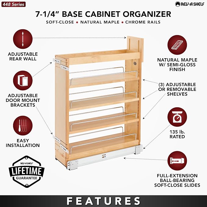 Rev-A-Shelf Maple Pullout Organizer w/Blum Soft-Close for Frameless Full-Height Base Cabinets, Full Extension Slides & Adjustable Shelves, Min Opening Width of 7.5", 448-BCSC-6C