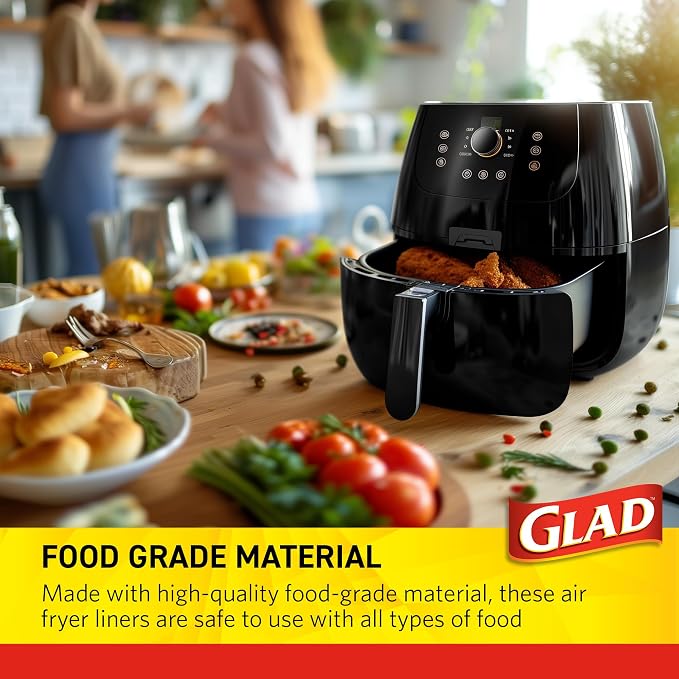 Glad Air Fryer Liners with Raised Walls, Nonstick Parchment, Heat Resistant to 446 Degrees F, Food-Grade, Rounded Square Shape, Fits Square and Round Air Fryers, 7.9", 100 Count