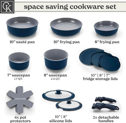Country Kitchen Cookware Set with Removable Handle, Oven & RV Safe Pots and Pans Set, Denim, Original