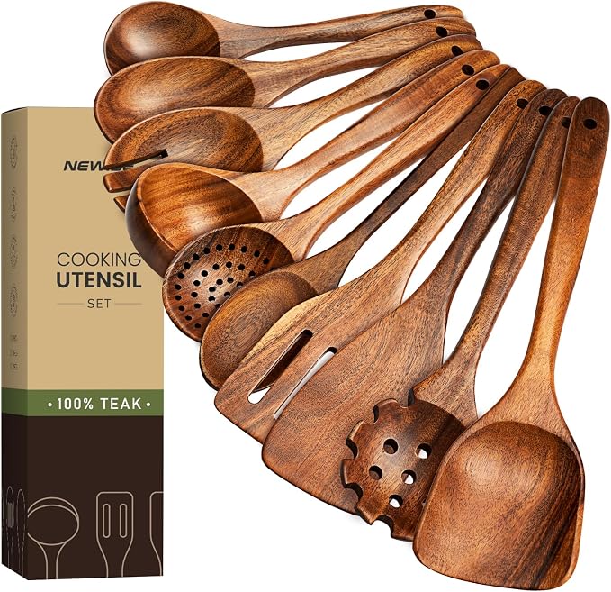 Wooden Utensil Set - 10 Pcs Teak Wooden Spoons for Cooking, Non Toxic, Heat Resistant, Durable & Safe for Kitchen Nonstick Cookware