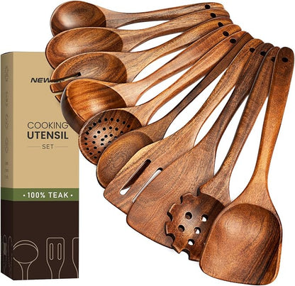Wooden Utensil Set - 10 Pcs Teak Wooden Spoons for Cooking, Non Toxic, Heat Resistant, Durable & Safe for Kitchen Nonstick Cookware