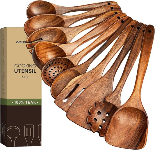 Wooden Utensil Set - 10 Pcs Teak Wooden Spoons for Cooking, Non Toxic, Heat Resistant, Durable & Safe for Kitchen Nonstick Cookware