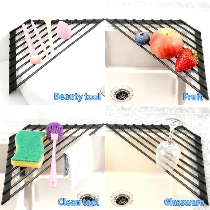 Triangle Roll Up Dish Drying Rack Over The Sink, Anti-Rust with Full Silicone-Coated Stainless Steel Frame Fits, Organizer for Kitchen