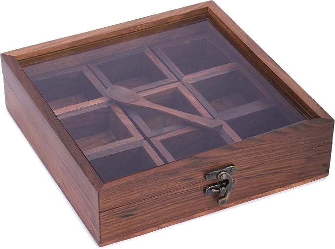 Ajuny Wooden Spice Box 9x9 Inch - Decorative Masala Dabba Organizer with Glass Lid, 9 Compartments & Spoon, Spice Storage Container, Ideal for Seasonings & Herbs, Perfect for Gift