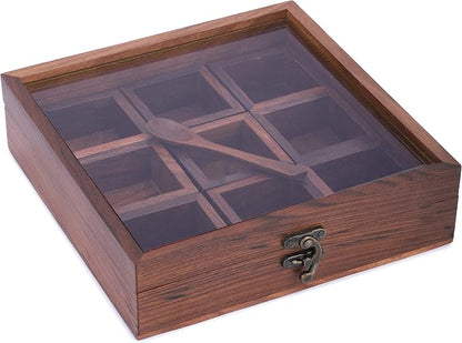 Ajuny Wooden Spice Box 9x9 Inch - Decorative Masala Dabba Organizer with Glass Lid, 9 Compartments & Spoon, Spice Storage Container, Ideal for Seasonings & Herbs, Perfect for Gift