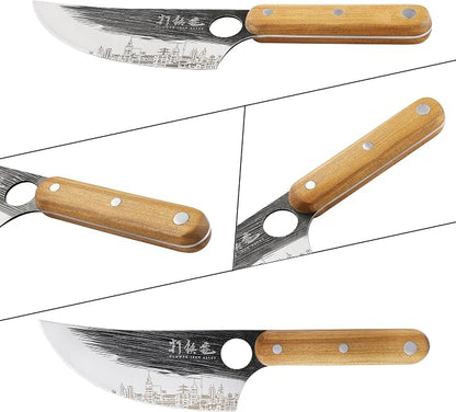 3PCS Butcher Knife Set, 7" Butcher Meat Cleaver, 7" Serbian Chef Knife and 6.5" Viking Knife, Hand Forged Butcher Knife with Wooden Handle, Ideal for Home, Camping, BBQ (Unique Pattern)