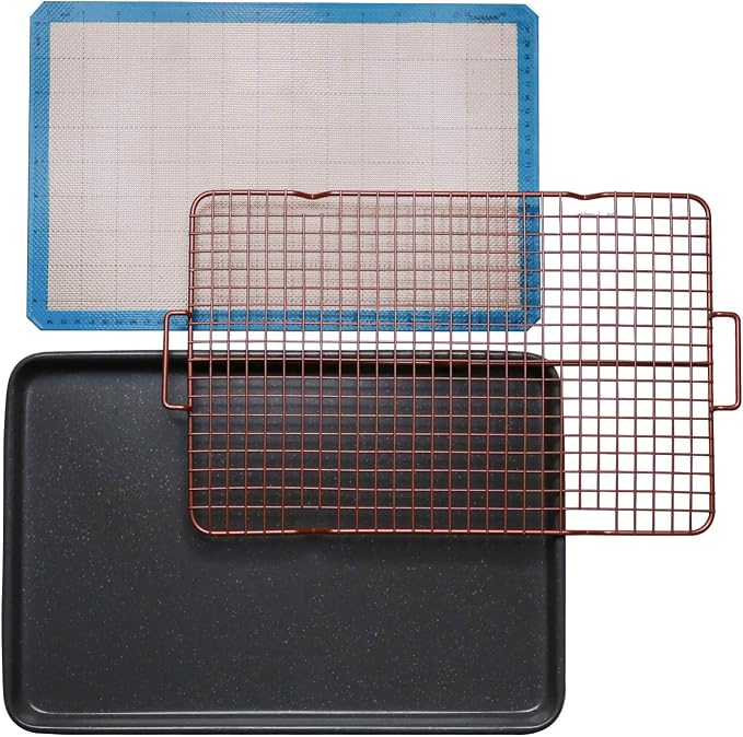 CasaWare 3pc Ultimate Commercial Weight 15 x 10 x 1-inch Cookie Sheet/Cooling Grid/Silicone Mat Bakeware Set (Silver Granite)