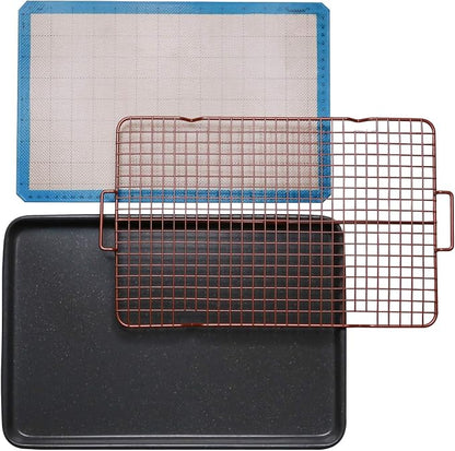 CasaWare 3pc Ultimate Commercial Weight 15 x 10 x 1-inch Cookie Sheet/Cooling Grid/Silicone Mat Bakeware Set (Silver Granite)