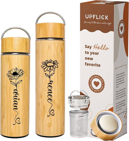 Bamboo Water Tumbler Personalize Travel Mug Custom Engraved Tea Tumbler with Infuser Wooden Bottle Birthday Gift Flower for Tea Lover, Mom, Women Tea Infuser (BB004-17oz, 17 oz)