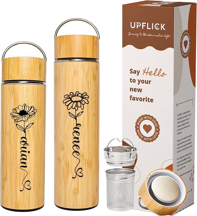 Custom Name Bamboo Tea Infuser 17 oz Tea Tumbler Infuser Bottle for Loose Tea Leaves, Tea Cup Travel Mug Stainless Steel Gift